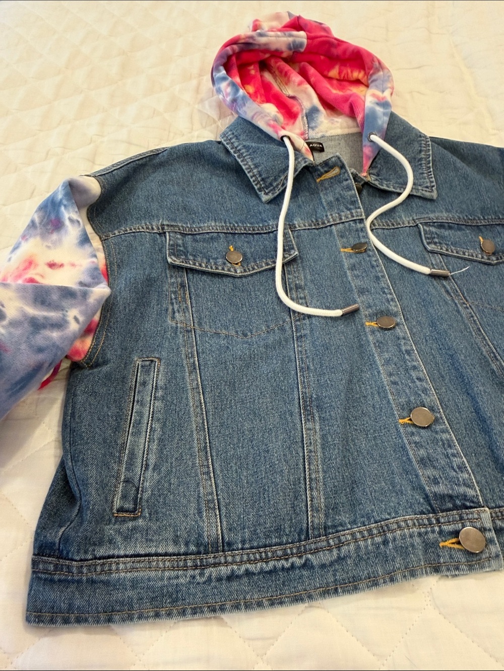 Aqua Denim Jacket with Pink, Blue & Yellow Tie-Dye Hooded Sleeves - Picture 3 of 5
